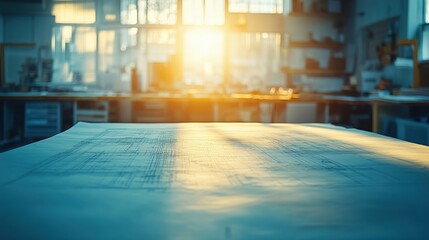 Close-up shot of a detailed blueprint spread across a work surface, with backlight enhancing the contrast between the fine lines and the smooth paper texture. Shadows subtly frame the edges of the