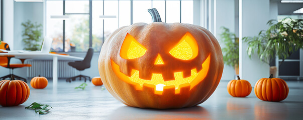 Huge Enormous Gigantic Carved Jack o'Lantern Pumpkin in Premium Modern Open Office Interior, Seasonal Decoration, Happy Halloween Celebration. Work, Job, Business, Company, Profession, Corporate Party