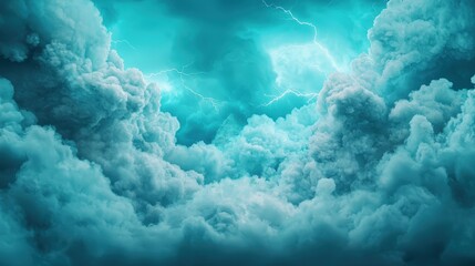 Captivating view of dramatic stormy clouds illuminated by striking lightning in a turquoise sky. Perfect for conveying nature's power and beauty.