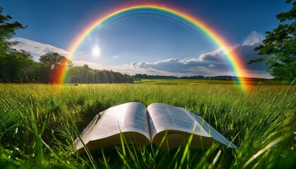 The Bible on Meadow Under a Rainbow. After a light rain, an open Bible lies on the grass in a lush field. 