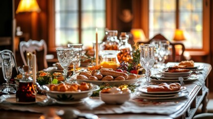 Traditional Bavarian meal with white sausages, mustard, and pretzels on a festive table