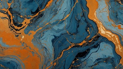 Naklejka premium glittery slate blue and apricot abstract pattern on a marbled background, highlighted by black lines 