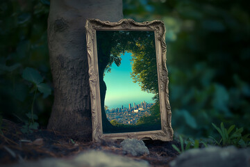 A mirror standing in a forest, reflecting a completely different scene--such as a cityscape or an ocean--creating a visual juxtaposition between the two worlds, Surreal art, City, Forest, Landscape