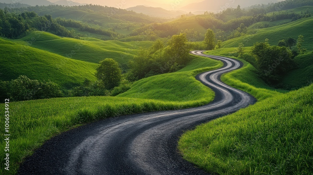 Poster Serene Winding Road Through Lush Green Hills