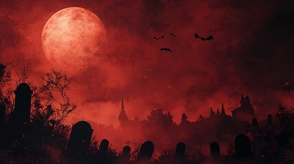 A red sky, a full moon, and a graveyard with bats flying above.