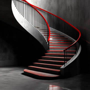  una escalera en blanco y negro, con un pasamanos rojo