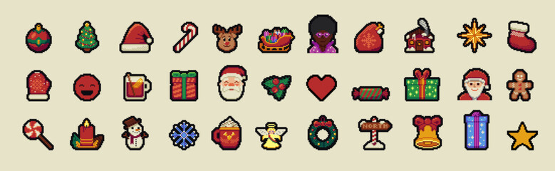 Vintage 8 bit Merry Christmas icon set. Festive Xmas symbols in pixel art. Happy New Year collection in retro video game style.