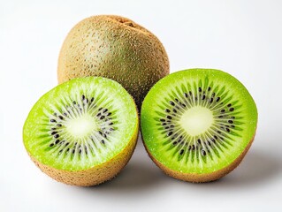 Ripe kiwi fruit sliced in half on white background showing its vibrant green flesh and black seeds