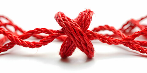 3D Red Thread Connection Concept - Soft Focus Image of Interconnected Red Threads Forming an AIDS Ribbon Icon on White Background