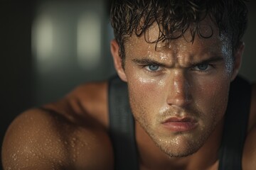 A young man with furrowed brows and a determined gaze, faces forward in concentration during a high-intensity exercise session, showcasing raw power and focus.