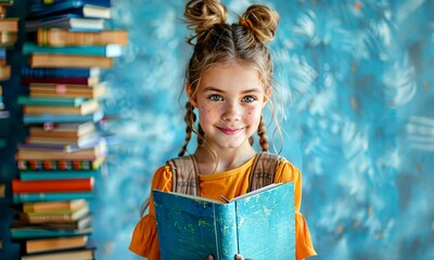 Bright-eyed and cheerful, a young girl stands amidst towering bookshelves, holding a vibrant blue book close. Her creativity shines as she enjoys reading in a lively space