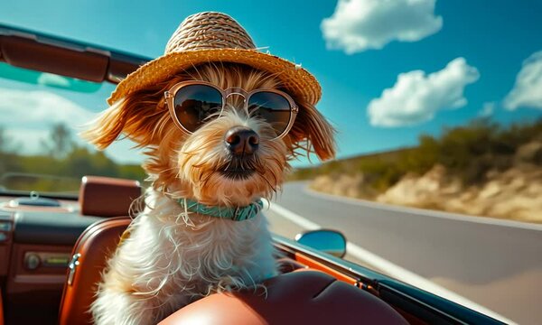 Join this adorable dog as it takes in the open road on a bright day, donning a charming straw hat and cool sunglasses, ready for adventure and fun