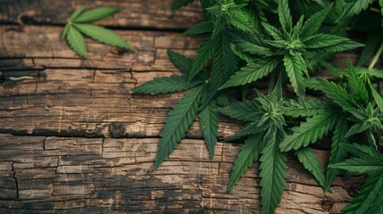 A bunch of marijuana plants are growing on a wooden surface