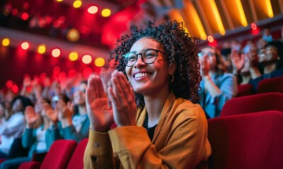 An enthusiastic audience member expresses joy with a bright smile and applause, surrounded by a lively crowd in a warmly lit theater during an evening performance