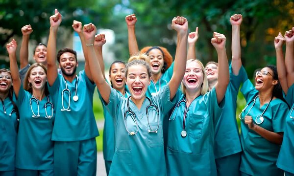 A group of cheerful graduates in turquoise scrubs raises their fists in celebration in a vibrant park, filled with laughter and excitement for the future