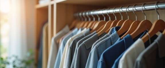 Fototapeta premium Organized Wardrobe with Stylish Clothing in Neutral Colors Against Wooden Closet