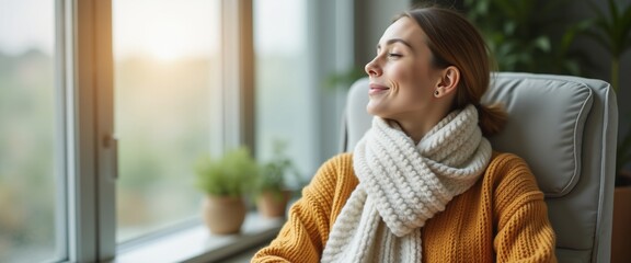 Woman with peaceful smile relaxing by window against cozy home background