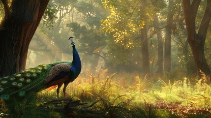 Obraz premium Peacock in the Misty Forest
