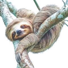 Fototapeta premium Sloth lies and rests on a big branch isolated on white background. 