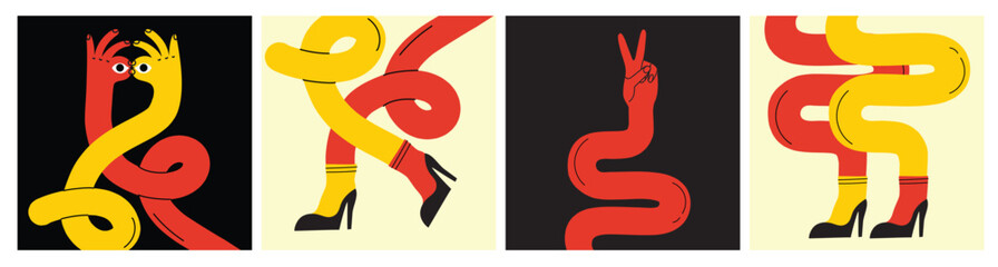 Obraz premium Groovy hippie set of colorful curved funny twisted intertwined legs in different poses. Hand drawn vector colored trendy illustration. Flat design