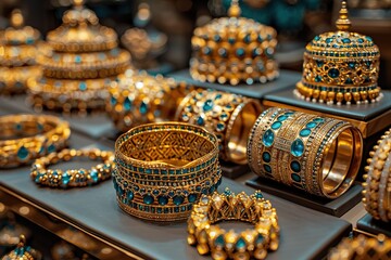 A display of gold and blue jewelry with a blue and gold bracelet