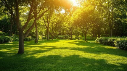Fototapeta premium Serene Green Landscape with Sunlight Through Trees