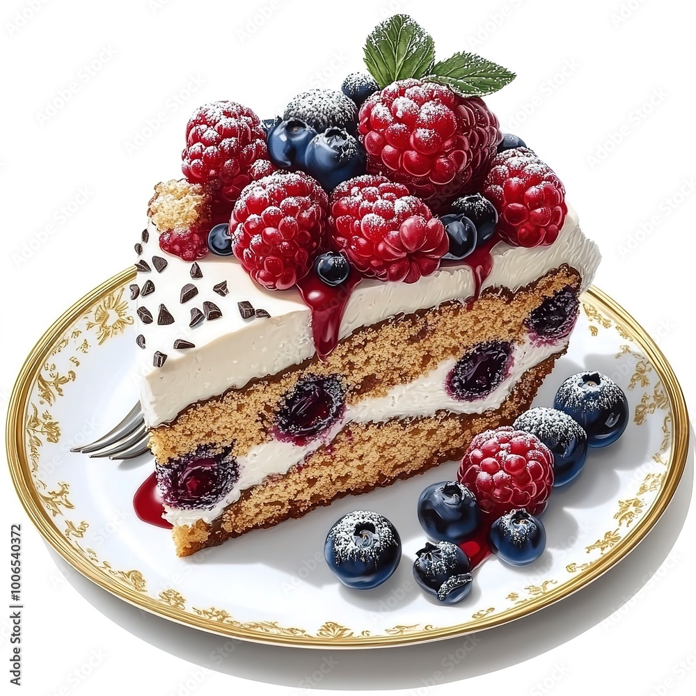 Wall mural Plate with slice of chocolate sponge berry cake on white background