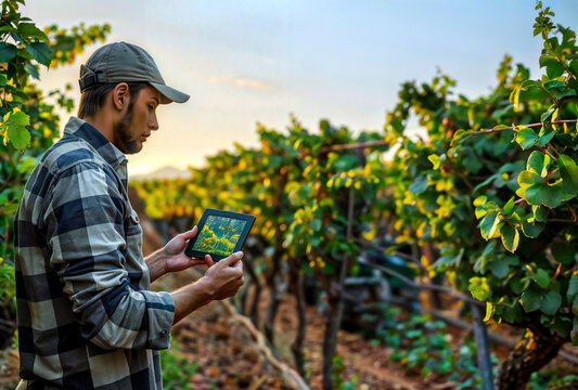 Vineyard Inspection. A man examines a tablet in a vineyard during sunset.
