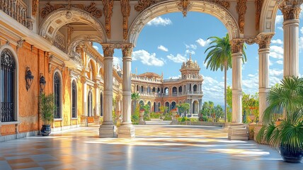 Fototapeta premium Elegant courtyard with arches, palm trees, and vibrant greenery.