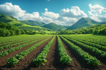 Green Field of Crops with Mountain Background