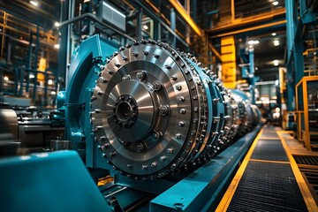 Close up detailed view of advanced electric power manufacturing equipment and machinery in a modern industrial factory setting  This image showcases the intricate components precision engineering