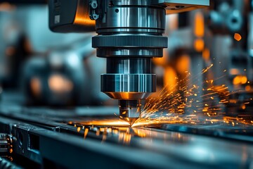 Close up of a metalworking machine cutting and shaping a metal workpiece with bright sparks flying in a high tech industrial factory setting