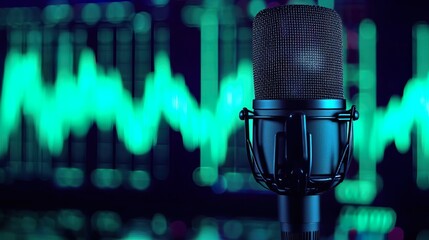A close-up of a black condenser microphone with a blurred turquoise waveform background, representing audio recording and music production..