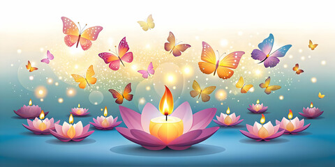 Fototapeta premium Flat Loy Krathong Celebration with Glowing Butterflies on Glossy River � Elegant Vector Design for Festive Messages and Seasonal Promotions