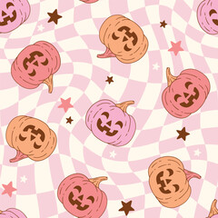 Seamless vector pattern with cute Halloween pumpkin on checkered background. Hand drawn retro Halloween character. EPS 10 vector file. Perfect for textile, wallpaper or print design.
