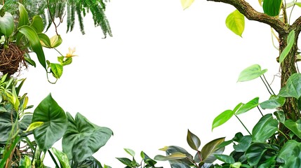 Naklejka premium Nature frame of jungle trees with tropical rainforest foliage plants (Monstera, birdâ€™s nest fern, golden pothos and forest orchid) growing in wild isolated on white background with clipping path. 