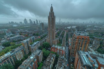Fototapeta premium A cityscape with a tall building in the middle