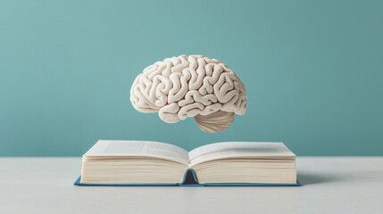 Floating brain above an open book, teal background, conceptual learning and knowledge.