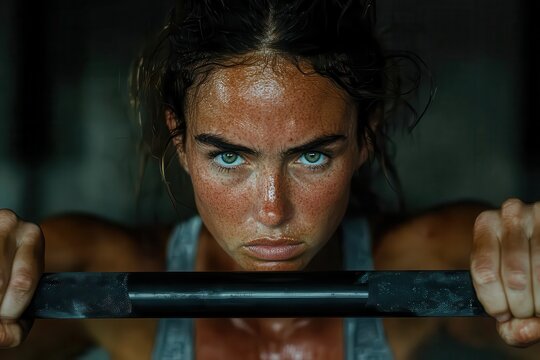 An athletic woman exhibits determination and focus, exercising in a gym, with dramatic lighting highlighting her strength and resilience during fitness training.