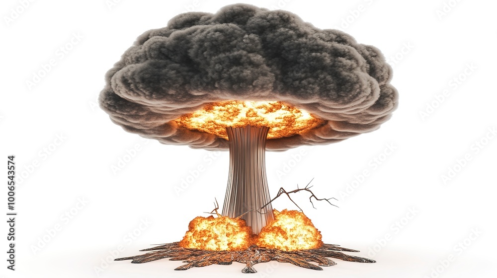 Poster massive nuclear explosion with ominous mushroom cloud isolated on white background 3d illustration 3