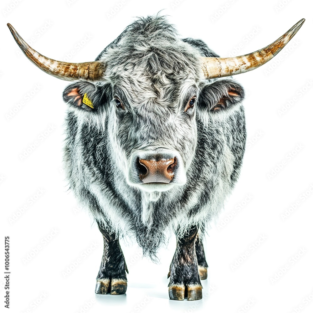 Poster Male grey giant ox, castrated bull used as draft animal isolated on white background 