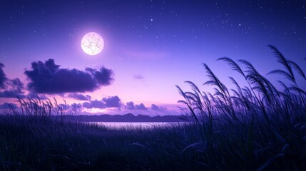 A full moon shines brightly over a tranquil lake, casting an ethereal glow over the tall grass and the night sky.