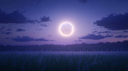 A full moon shines over a field of tall grass.