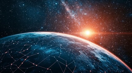 Earth with digital connections and sunrise in the background.