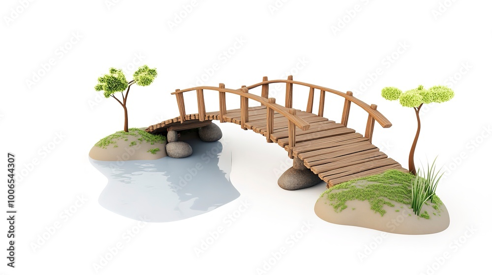 Canvas Prints Illustration of a wooden bridge connecting two floating islands, isolated on a white background, presented as a 3D render. 