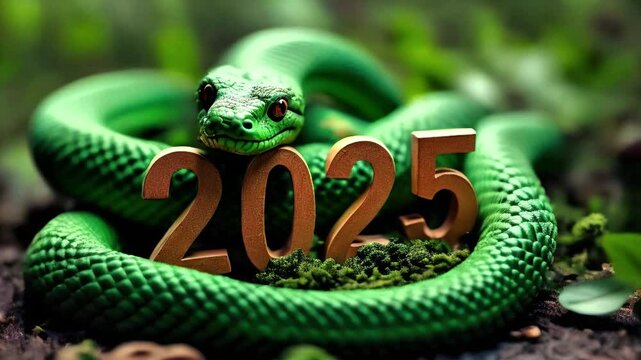 Green snake lies on the numbers of 2025. Symbol of the coming New Year