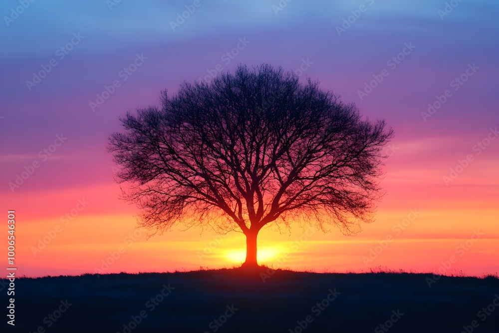 Wall mural majestic silhouetted tree standing tall against a breathtaking backdrop of a vibrant fiery sunset sk