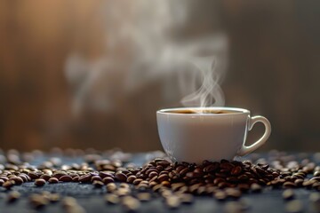 Steaming Black Coffee Cup with Roasted Beans on Rustic Wooden Table






