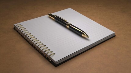 An elegant notebook and a sleek pen arranged on a clean surface, symbolizing creativity and productivity. The notebook features a textured cover and crisp pages, 