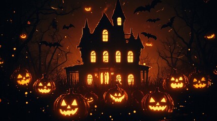 A spooky haunted house with glowing jack-o-lanterns in a dark forest.